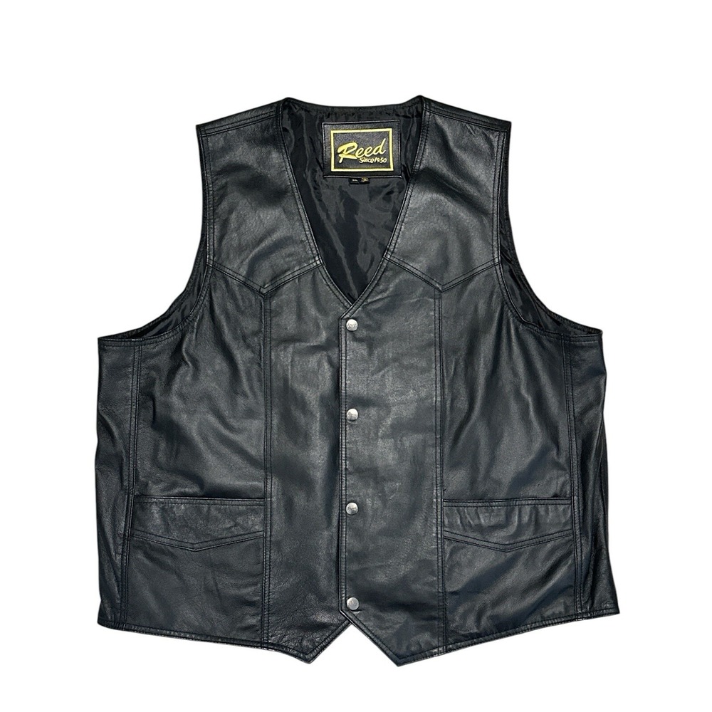 Reed Black Leather Men's‎ Vest Snap Closure,Pockets,Pouches,Zip Pockets Size 2XL